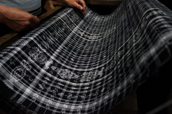 Double-jaspe (ikat) cloth woven in the workshop of Juan de Dios. It takes a large team of people working very hard to produce it. 